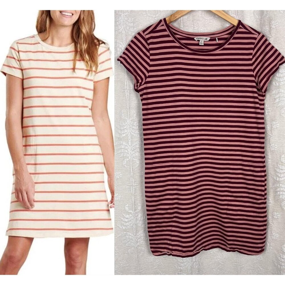 Toad&Co women’s Windmere II short sleeve t-shirt dress red pink stripe organic